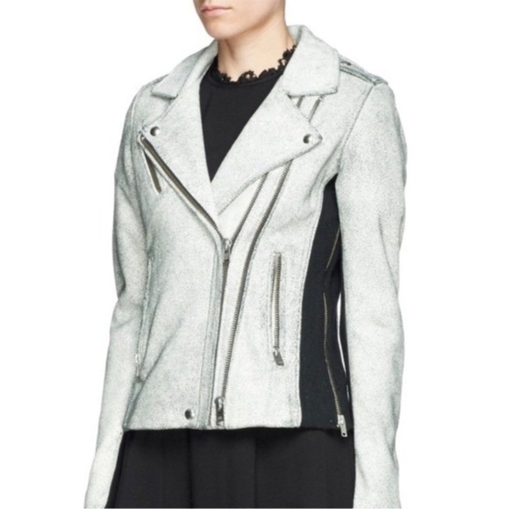IRO Ilaria Ribbed Knit Paneled Cracked 100% Lamb Leather Moto Jacket Small NEW - Picture 9 of 12